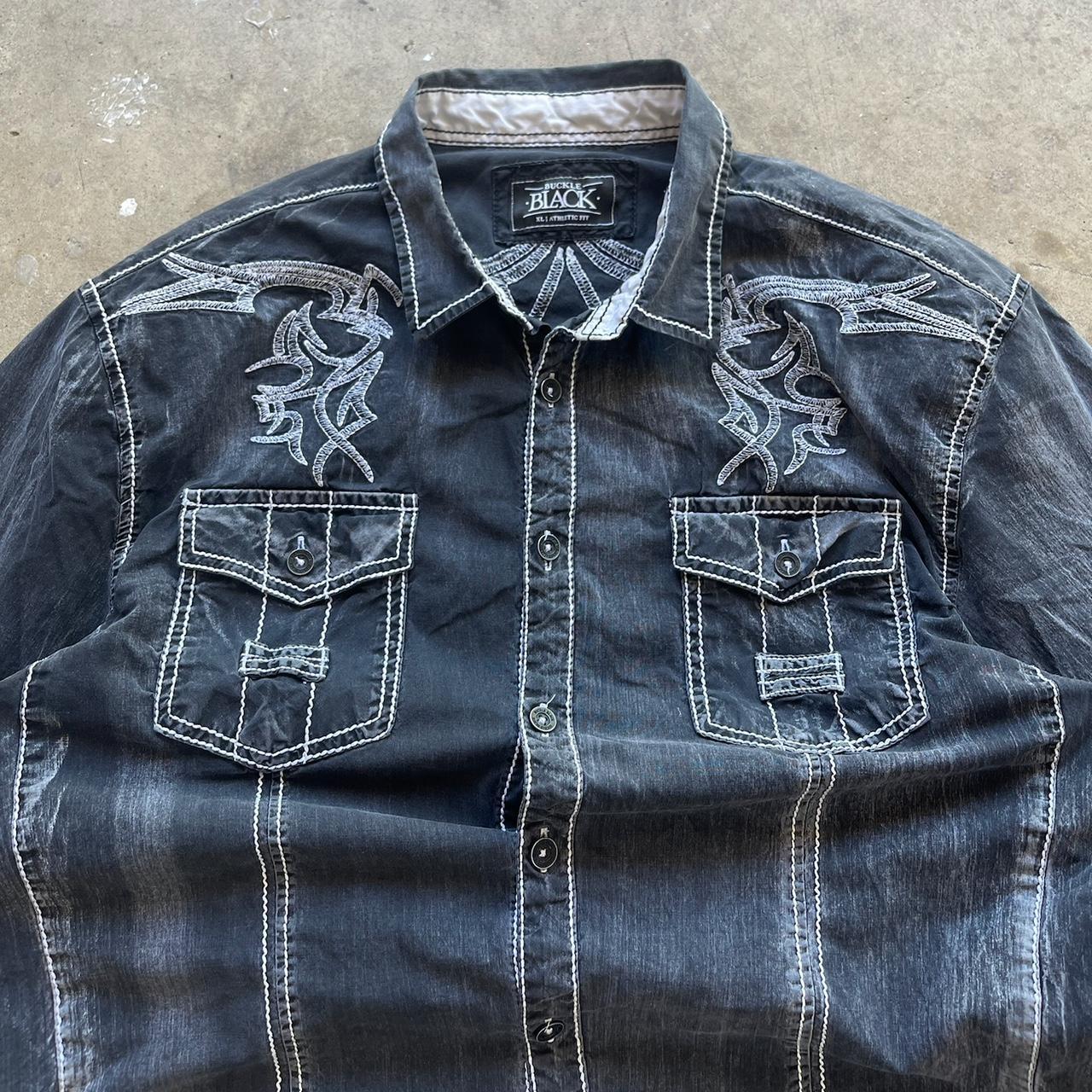 Y2K Buckle Black Label Men's XL Athletic Fit Embroidered Button up Shirt Cotton