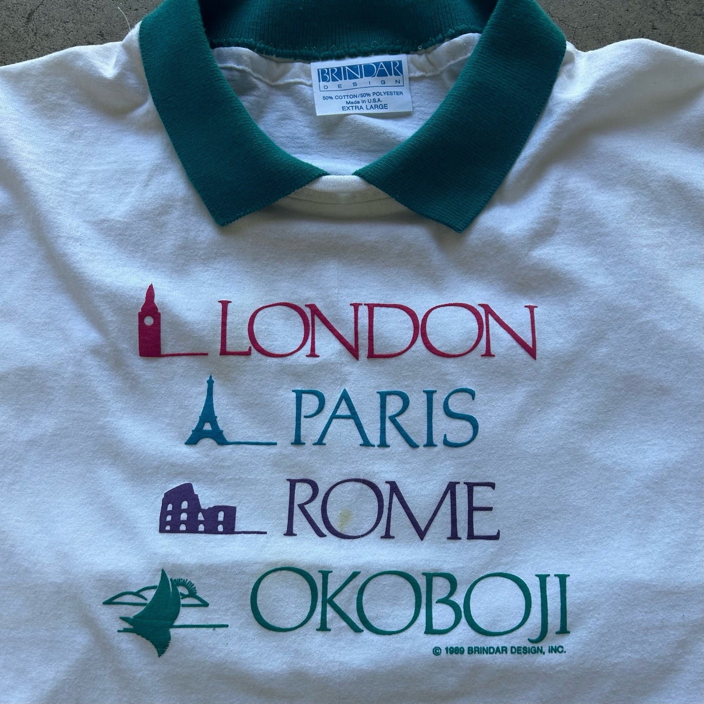 Vintage 1989 London Paris Rome Okoboji Polo style shirt size XL