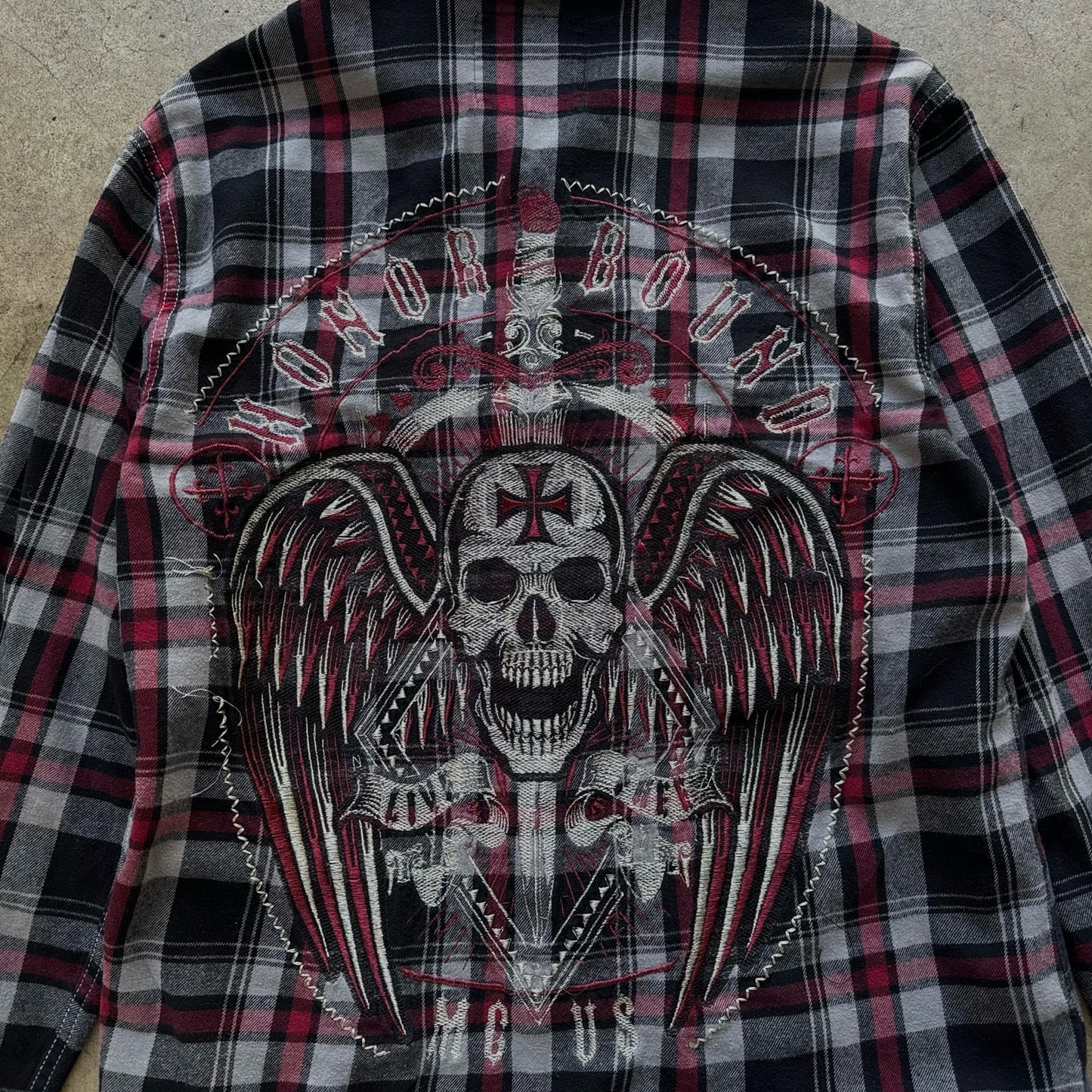 Y2K Affliction red and black skull flannel button up