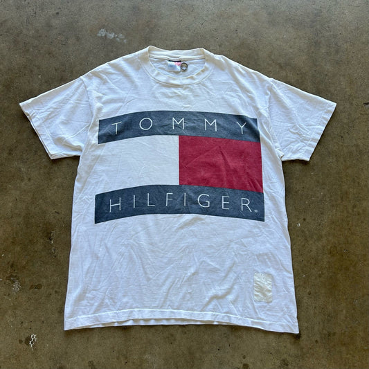 90’s TOMMY HILFIGER Big Flag Logo Single-Stitch White Shirt Made in USA Size Large