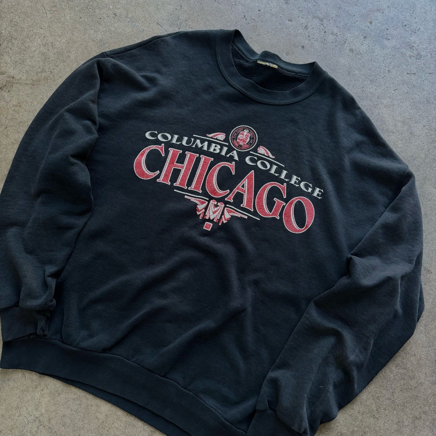 Columbia College of Chicago faded black crewneck