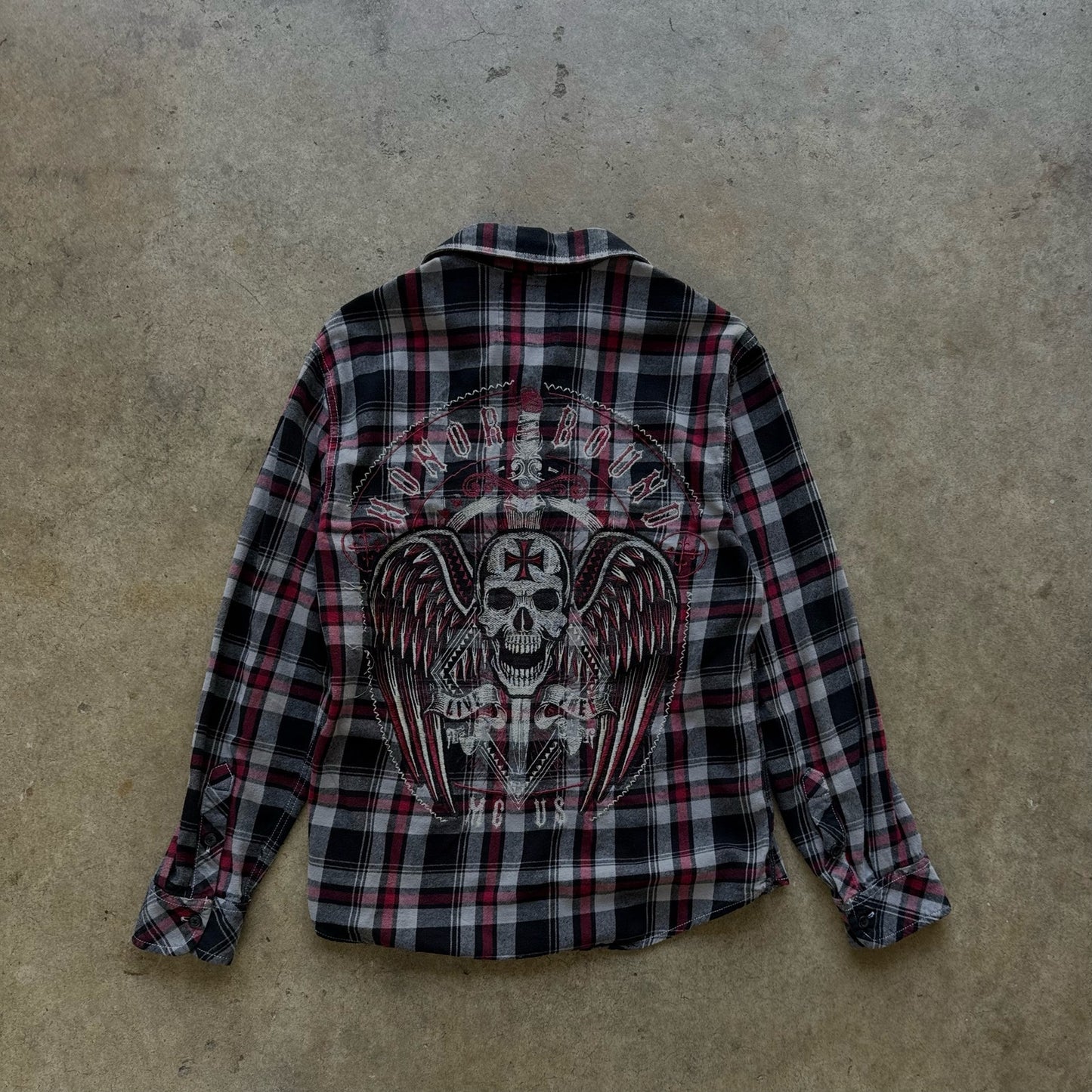 Y2K Affliction red and black skull flannel button up