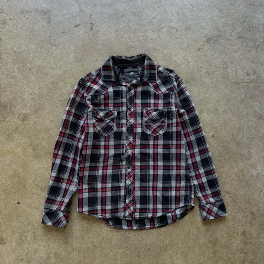 Y2K Affliction red and black skull flannel button up