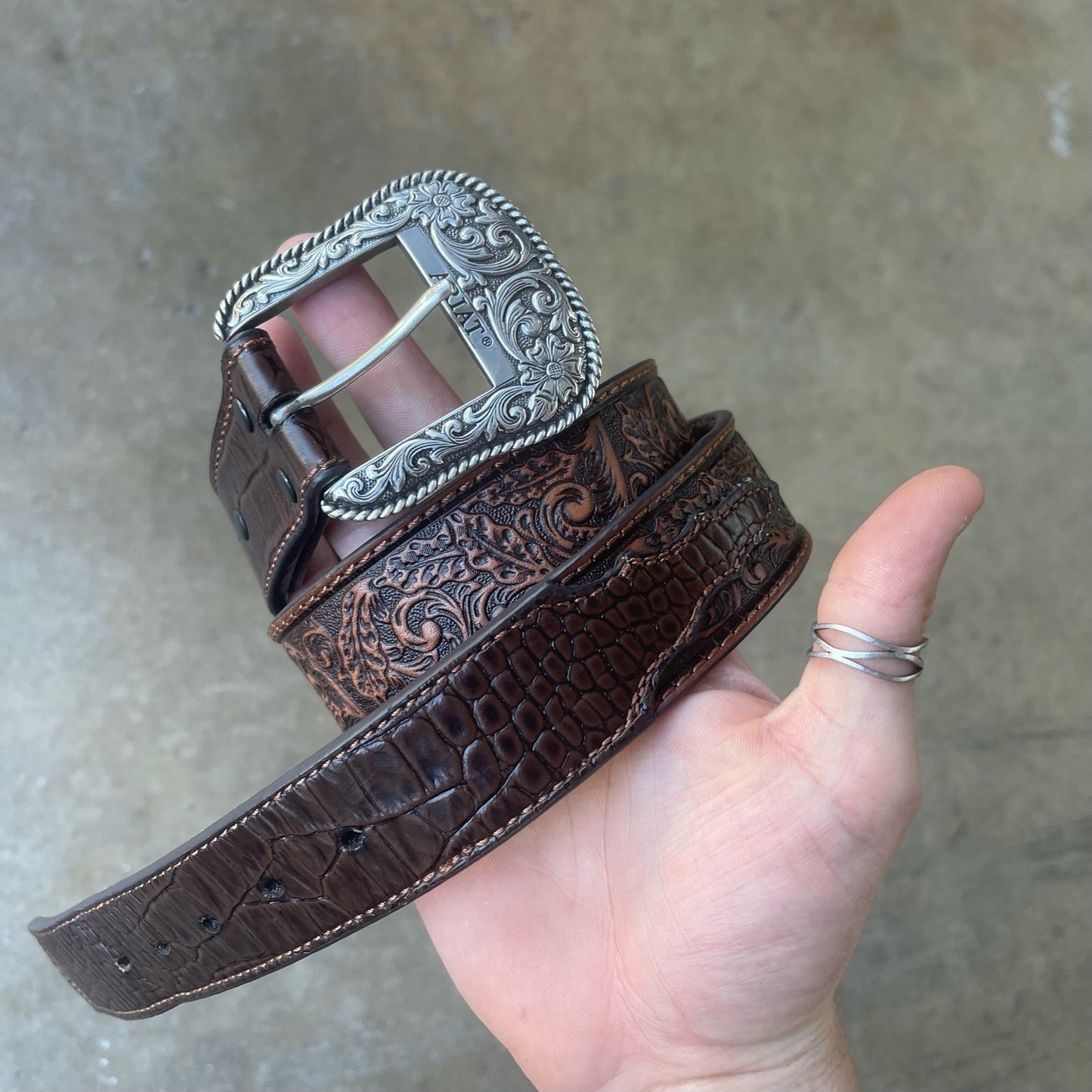 Ariat Mens Belt Brown Western Scroll Star Croco Tabs