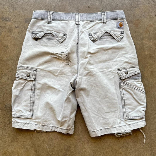 Men's Y2K Crazy Faded Grey Carhartt Distressed Cargo Shorts Size 32