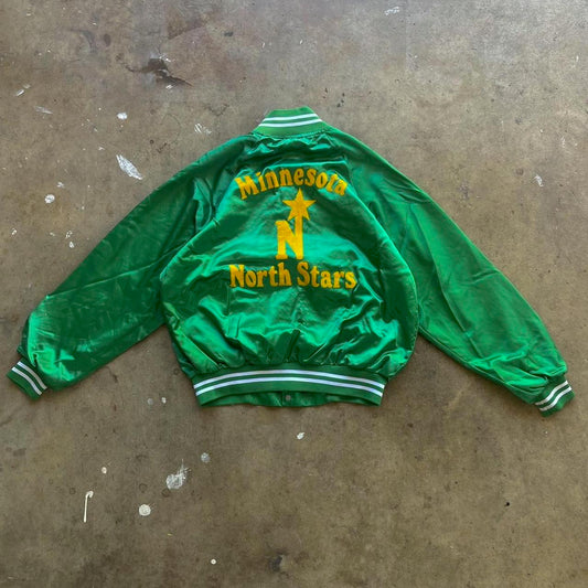 Men's Vintage 80s Minnesota North Stars Satin Bomber Jacket Size Large