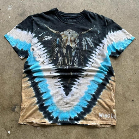 Y2K Liquid Blue Tie dye Native american bull skull Size Large