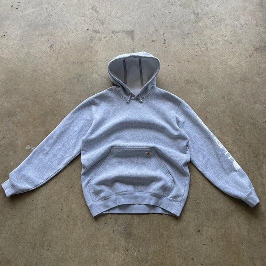 Grey Carhartt Sweatshirt Hoodie with arm hit Size Medium Fits kind of big