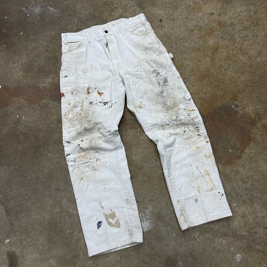 Men’s vintage white Dickies paint splattered painters pants size 34x30