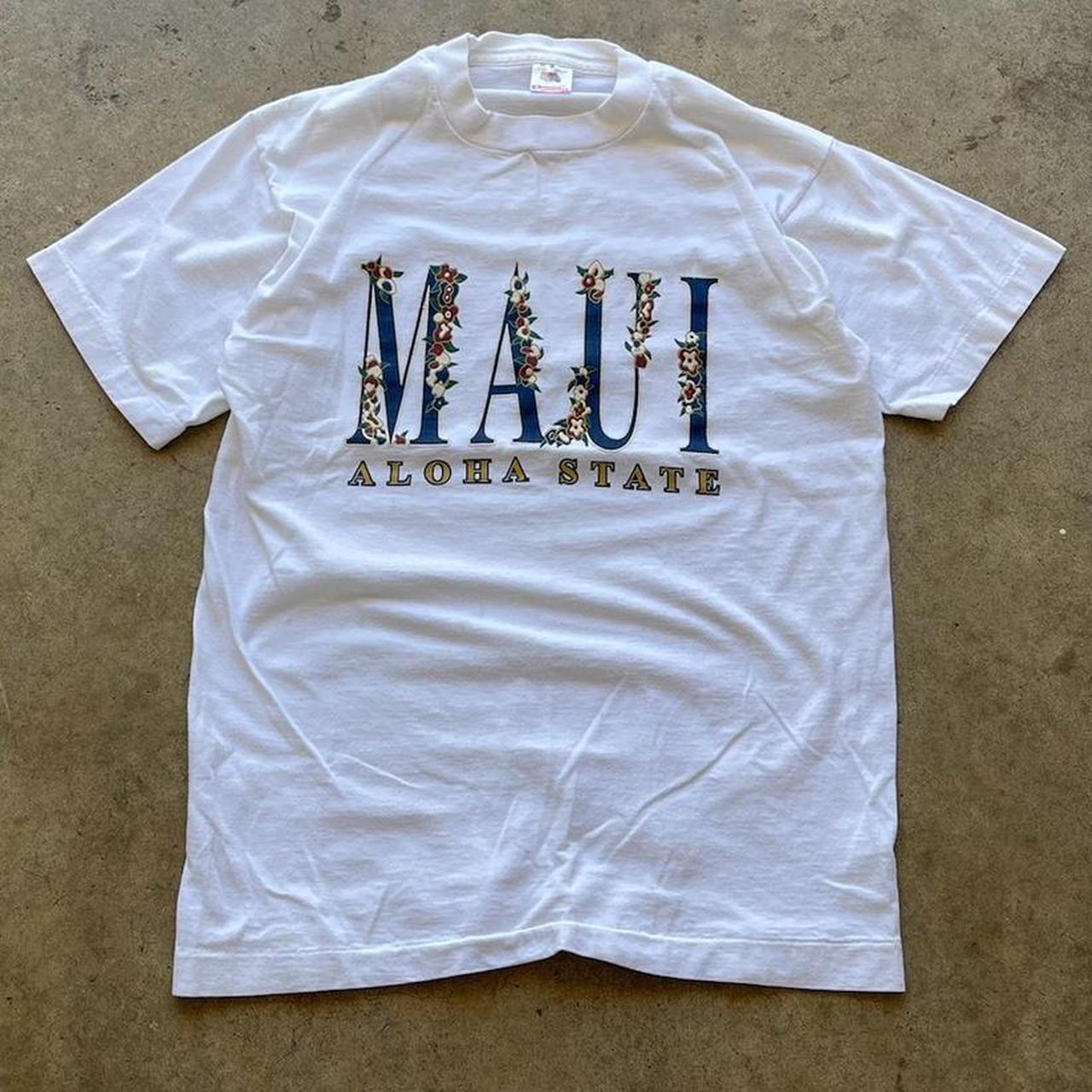 Vintage 80s MAUI Hawaii T Shirt ALOHA State Spell Out 100% Cotton USA size Medium Single stitch white tee