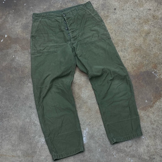 Men's Vintage 1973 Sateen OG-107 olive green Military pants 36x31