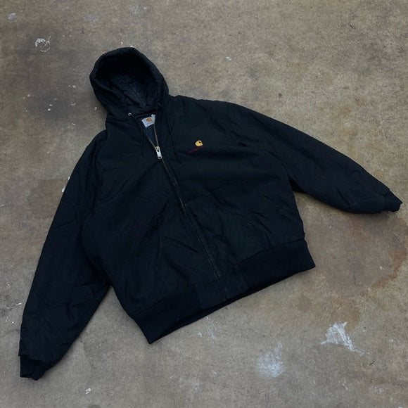 Vintage 80s Black Carhartt hooded canvas workwear Jacket Size XL