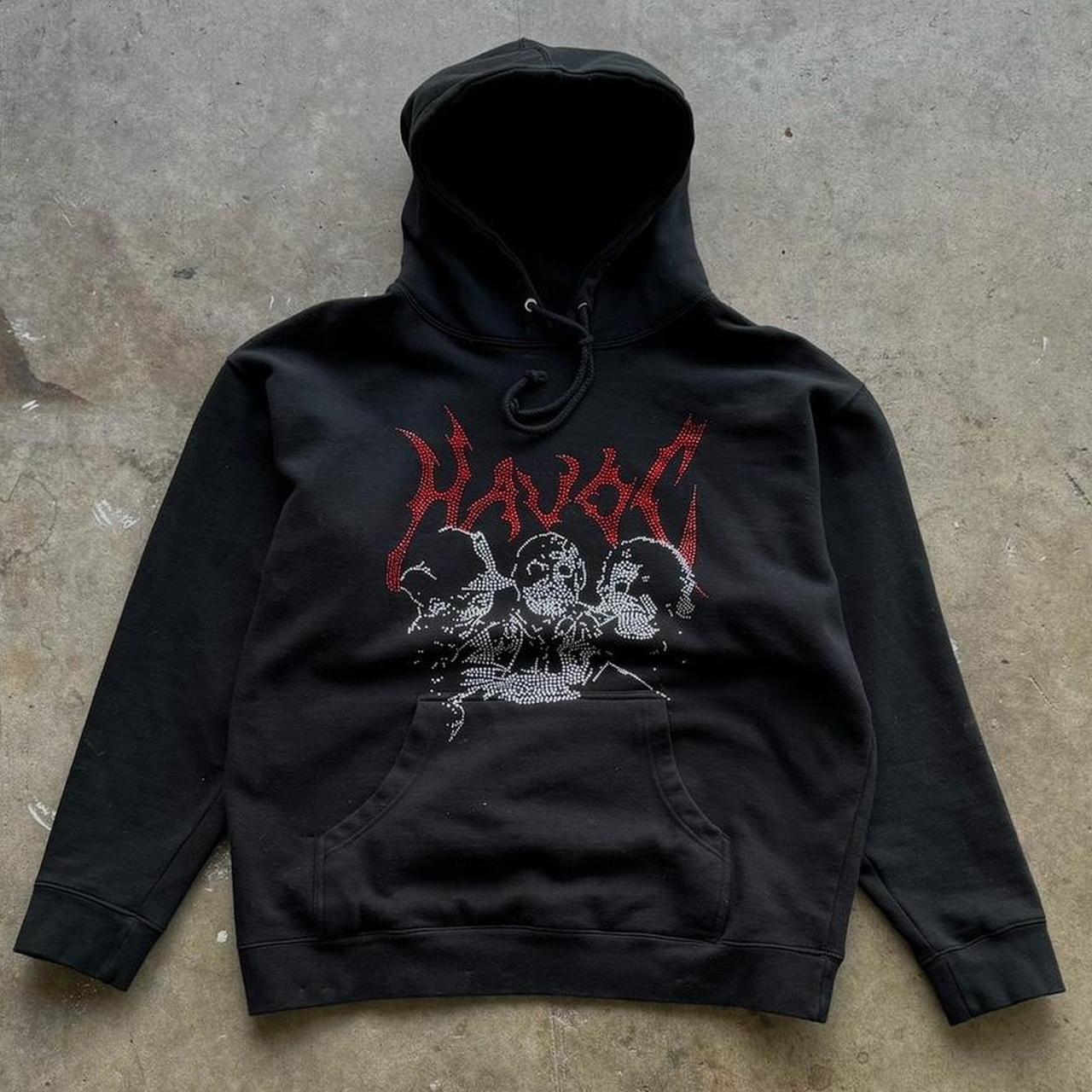 Men's “TRIPLE THREAT” black double Havoc Global hoodie w rhinestone graphic