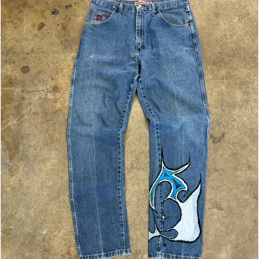 Men’s Vintage Wrangler PBR Bull riding jeans with custom graphic size 36x36