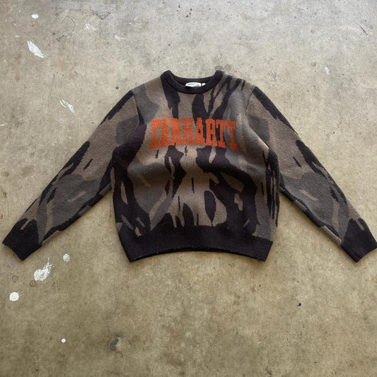 Carhartt WIP University Script Bark Camo Knit Sweater Sizk Design really cool design to the carhartt Lettering