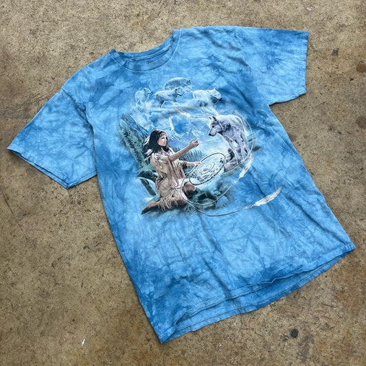 Men's 2004 The Mountain Tie dye Native American Wolf T-shirt Size XL