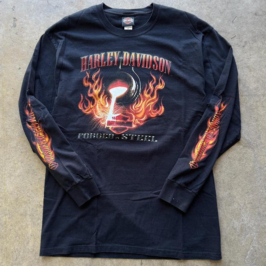 Harley Davidson Y2K Longsleeve Front and back graphic with flames on the sleeve Size XL