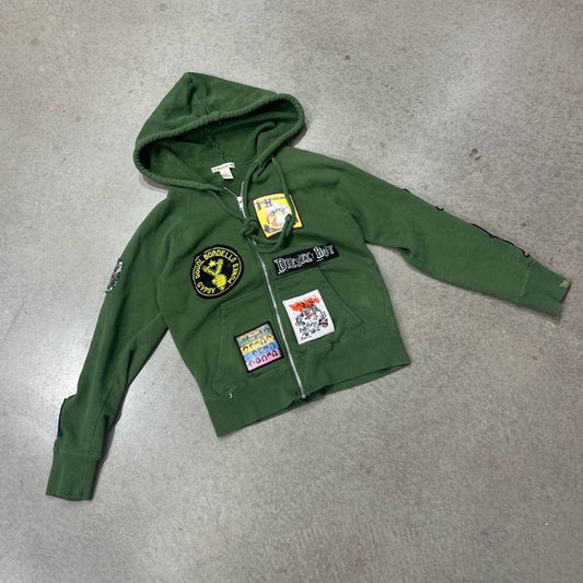 Vintage green hoodie with some awesome Vintage Band patches size youth Medium