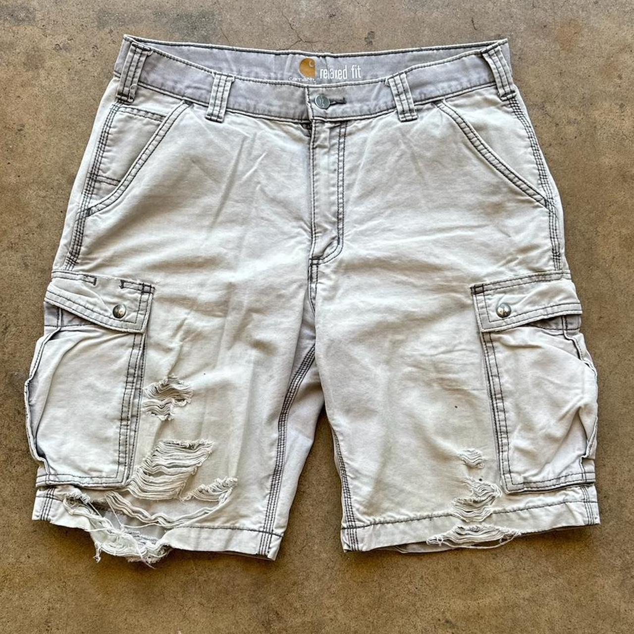 Men's Y2K Crazy Faded Grey Carhartt Distressed Cargo Shorts Size 32