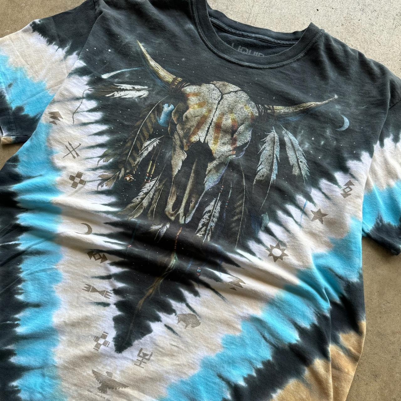 Y2K Liquid Blue Tie dye Native american bull skull Size Large