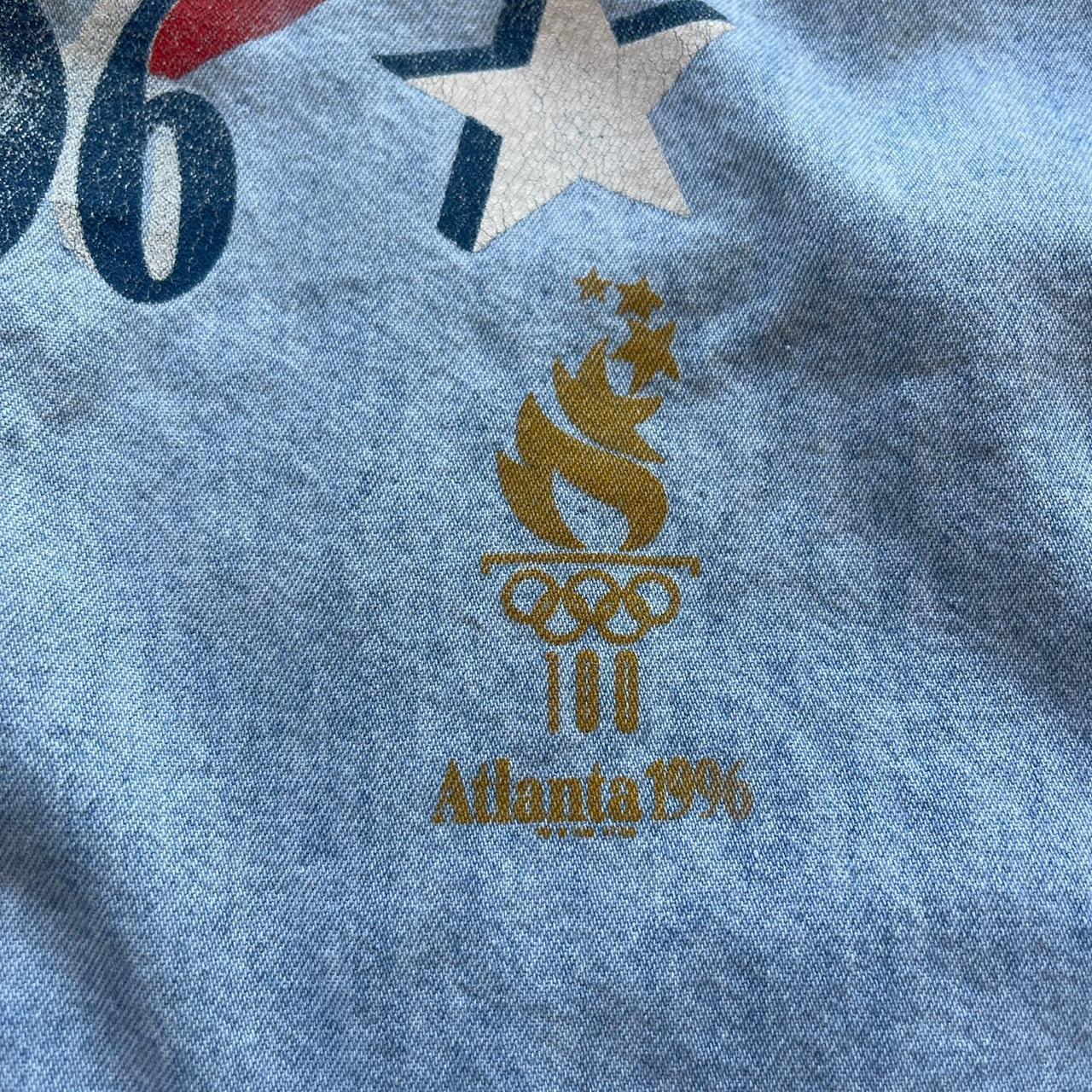 Vintage 90s Atlanta 1996 Olympics denim button up shirt very cool denim embroidery on front and big back graphic Light blue denim