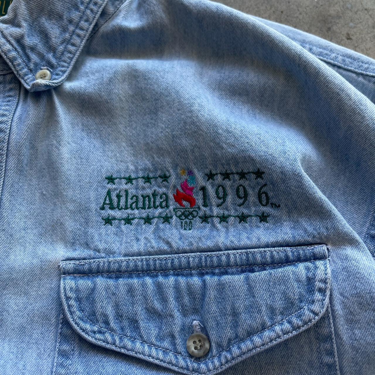 Vintage 90s Atlanta 1996 Olympics denim button up shirt very cool denim embroidery on front and big back graphic Light blue denim